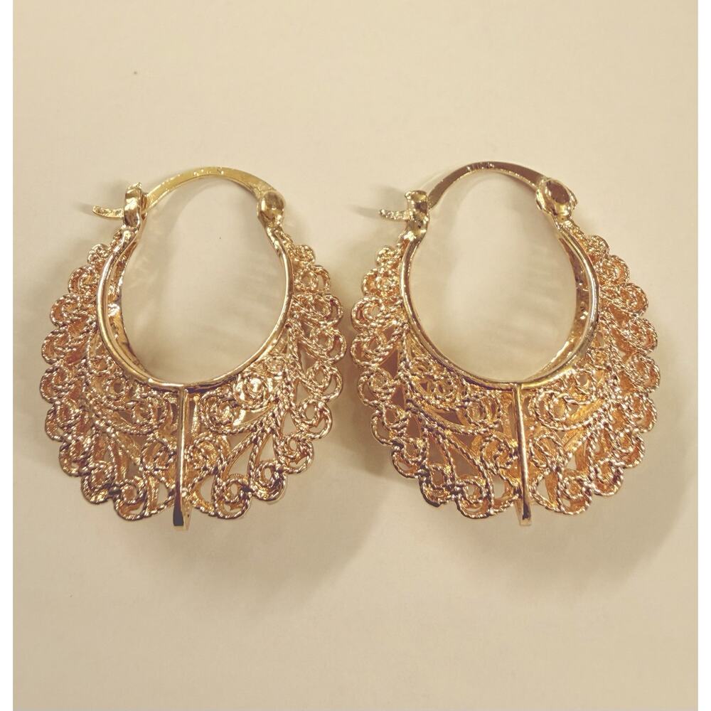 Gold Filled Medium Oro Laminado Elegant Floral Basket Hoop Click Top Earrings